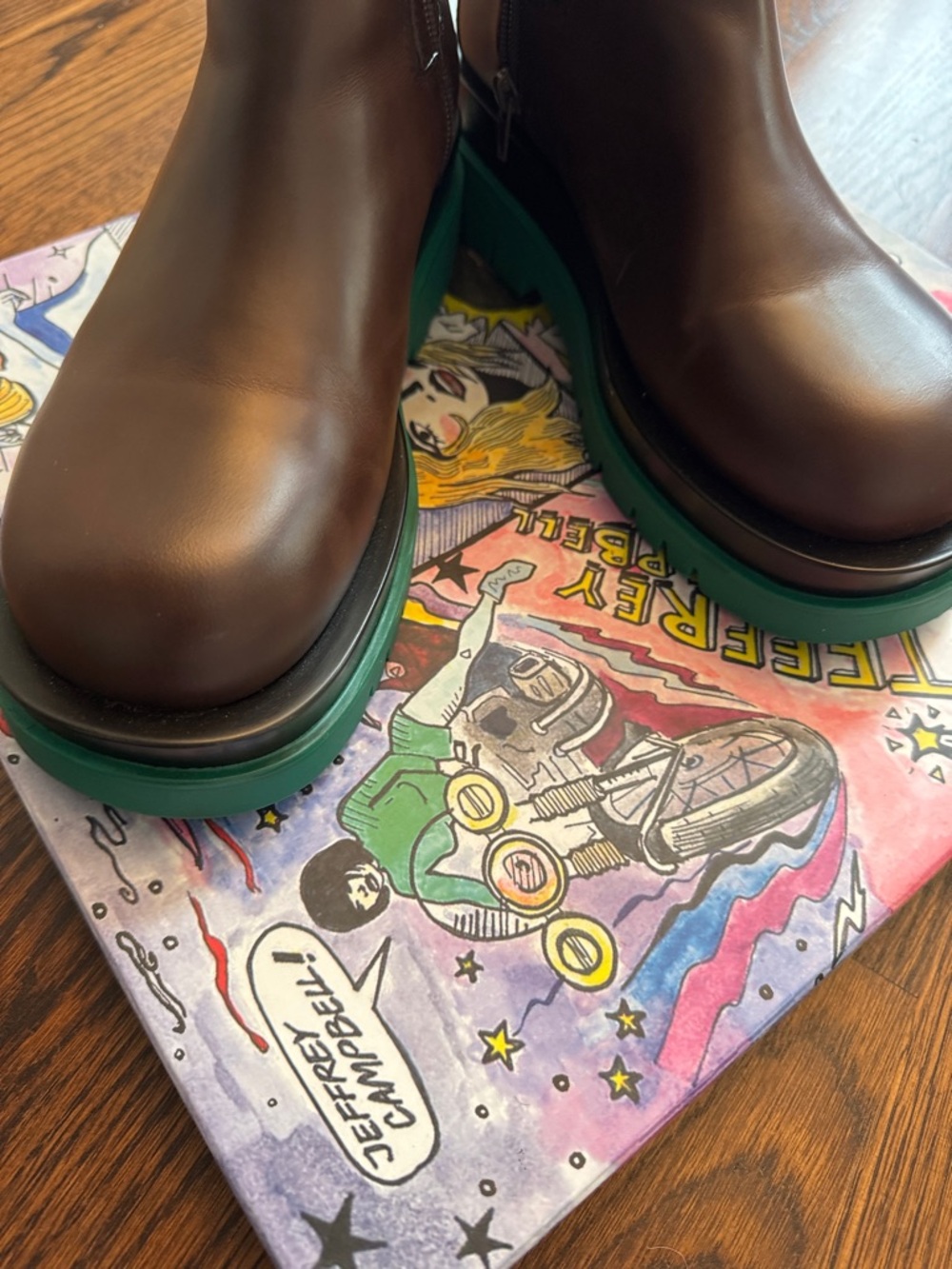 🦄🦄 JEFFERY  CAMPBELL Brown Leather Chelsea Boots with Green Platform Sole - Picture 3 of 7